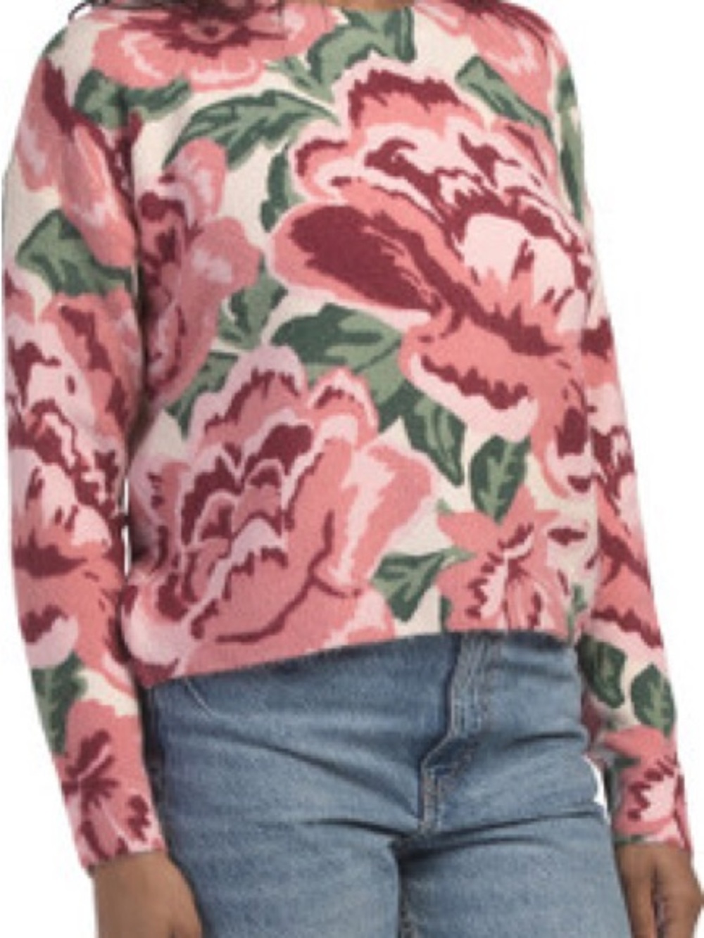 CeCe Pink Rose-Print Crewneck Sweater with Green Leaves